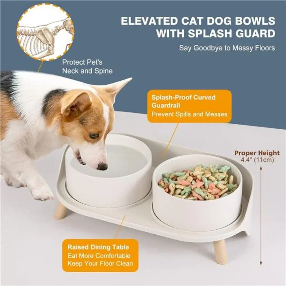 Elevated Ceramic Dog Bowl Set - Double Dog Feeding Bowls with Stand Splash